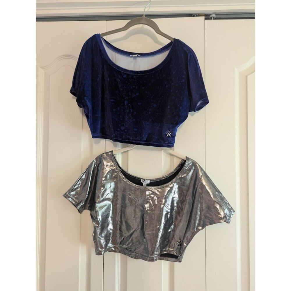 Rebel Athletic crop tops bundle - metallic pewter/blue velvet YM YL Cheer Dance